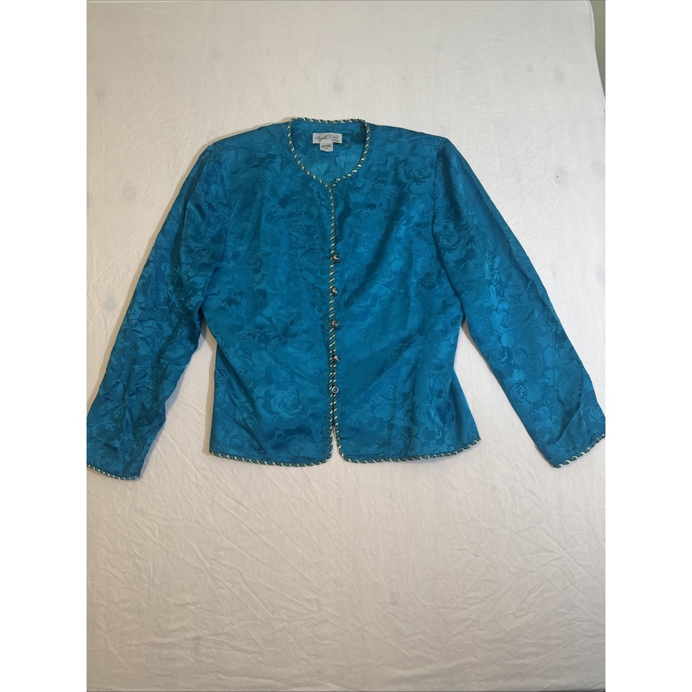 Vtg 90s Papell Petites 100% Silk Jacket Chinese‎ Knot Buttons Blue Women's 12